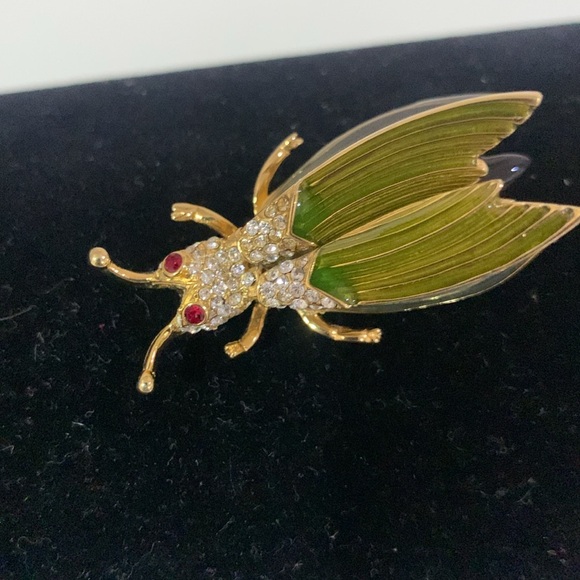 Vintage rare Erwin Pearl gold tone rhinestone & enamel bug statement pin brooch - Picture 3 of 11